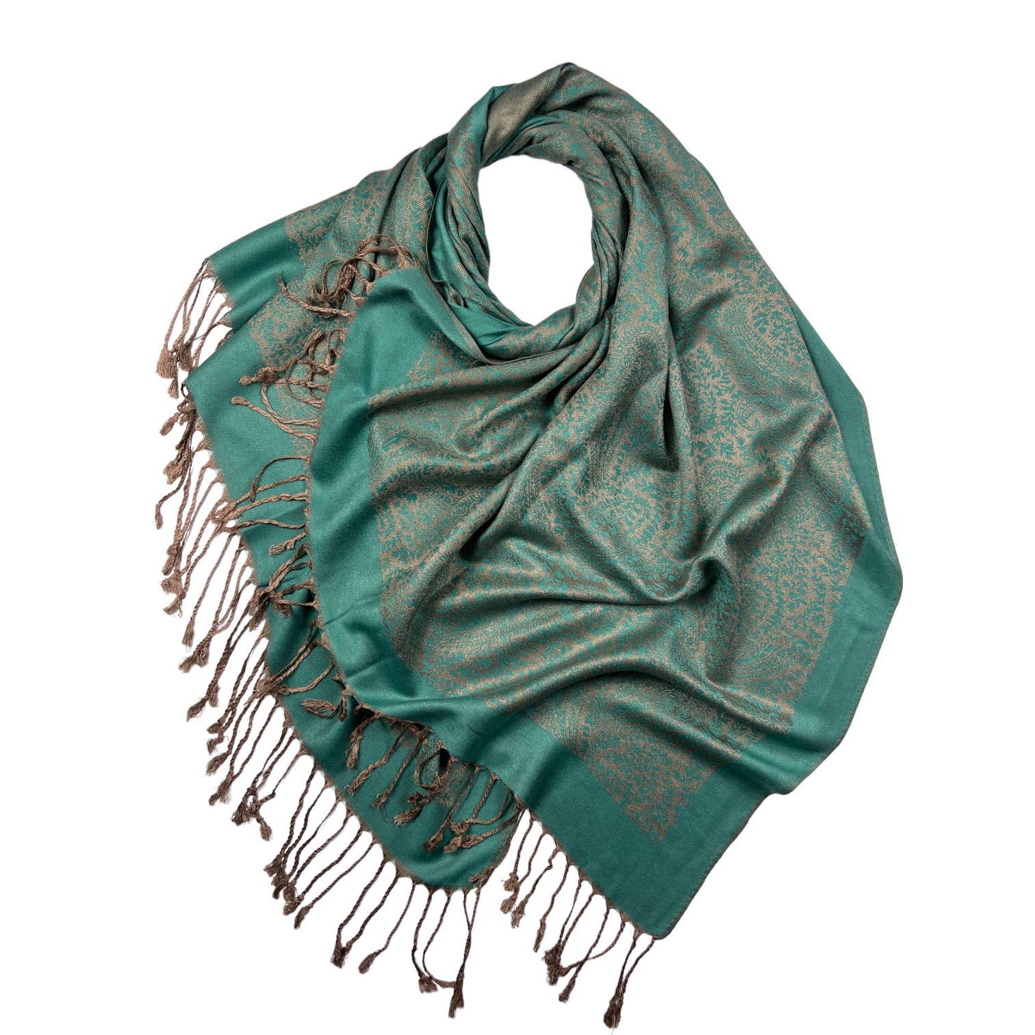 Plain pashmina with paisley print finished with fringes: Green