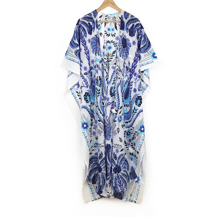 Blue & White Cotton Long Cover Up