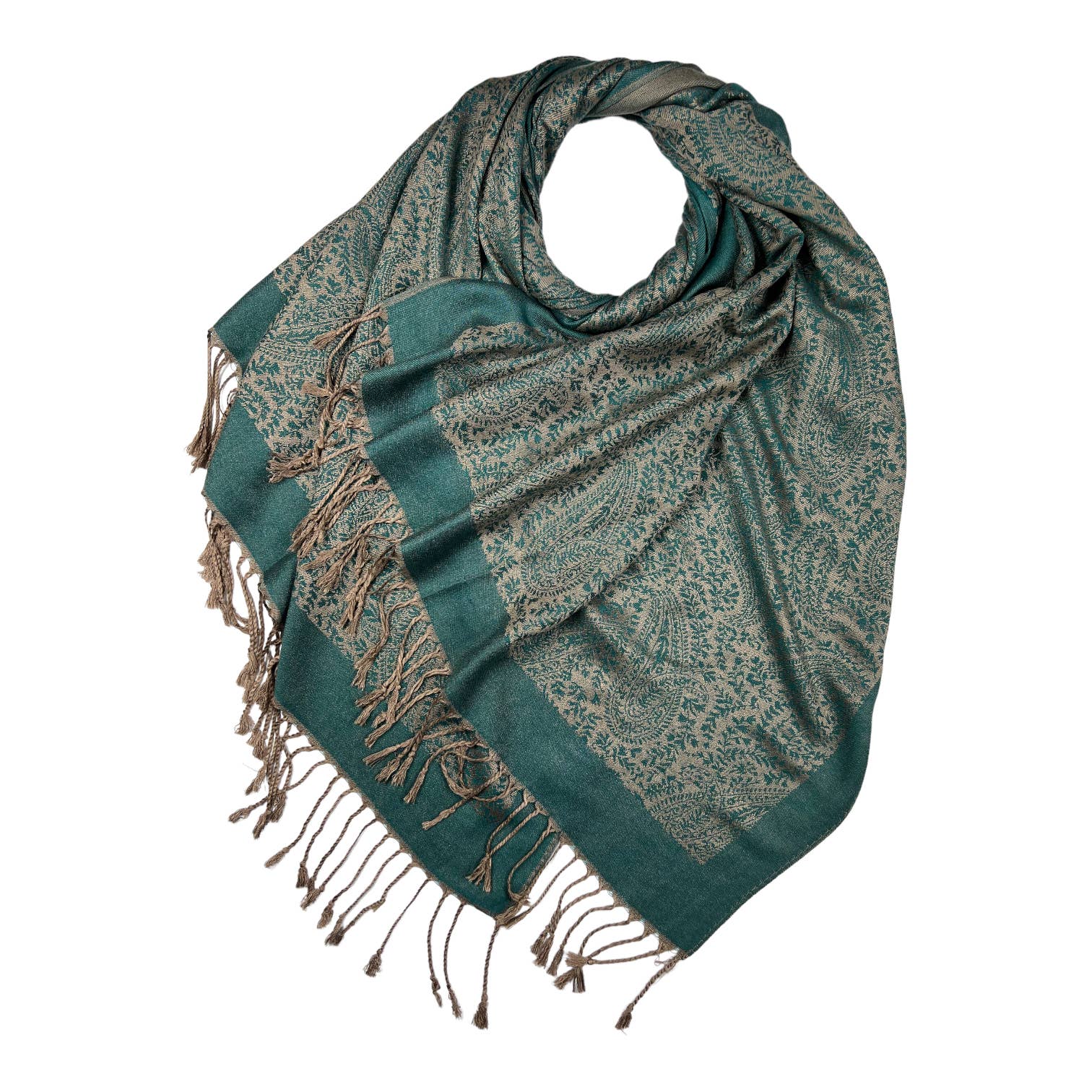 Plain pashmina with paisley print finished with fringes: Green | The Nancy Smillie Shop - Art, Jewellery & Designer Gifts Glasgow Scotland