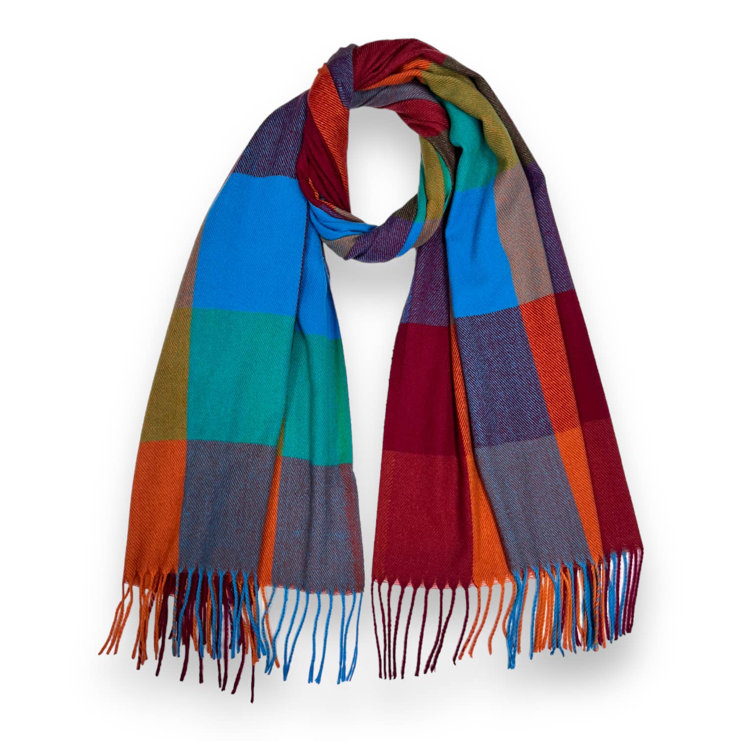 Multi coloured festive check scarf wilt tassels: Teal | The Nancy Smillie Shop - Art, Jewellery & Designer Gifts Glasgow Scotland