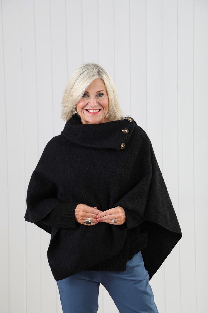 Black Woollen Blend 3 Button Neck Poncho