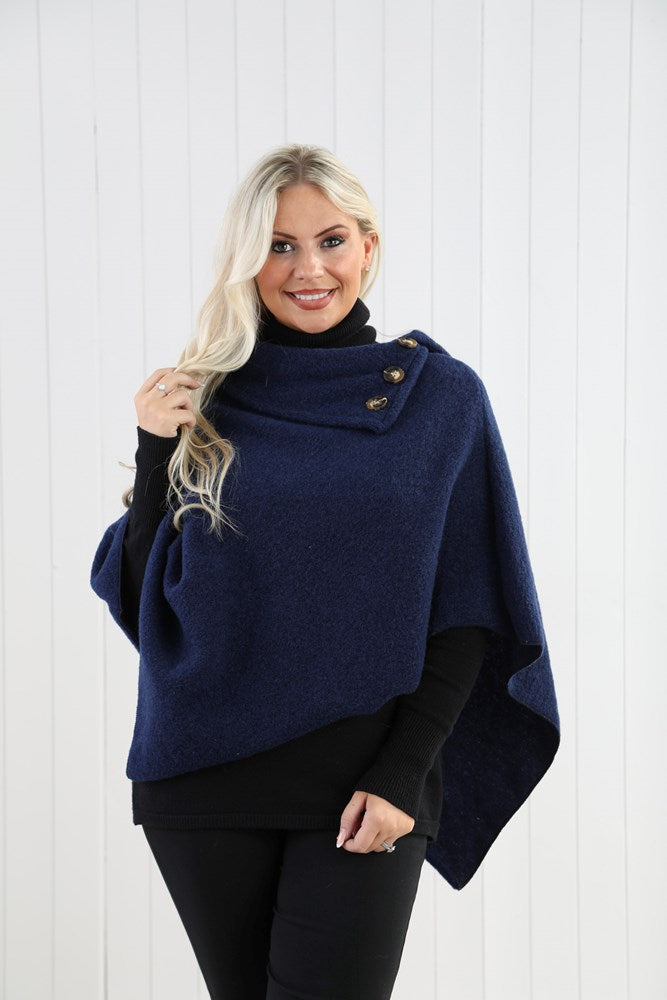 Navy Woollen Blend 3 Button Neck Poncho | The Nancy Smillie Shop - Art, Jewellery & Designer Gifts Glasgow Scotland