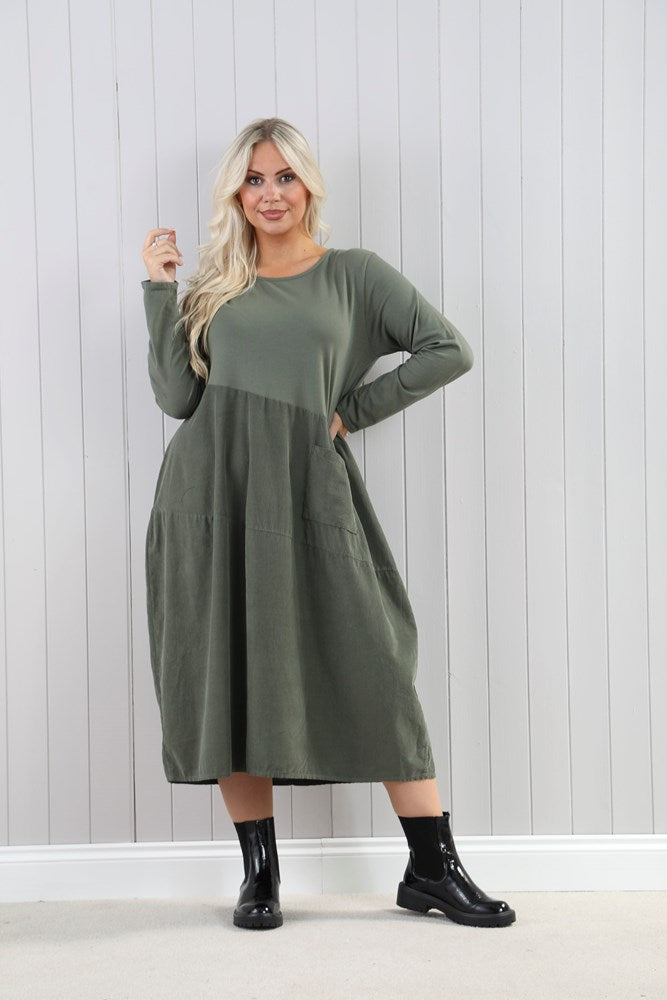 Khaki Cord Asymmetric Pocket Dress