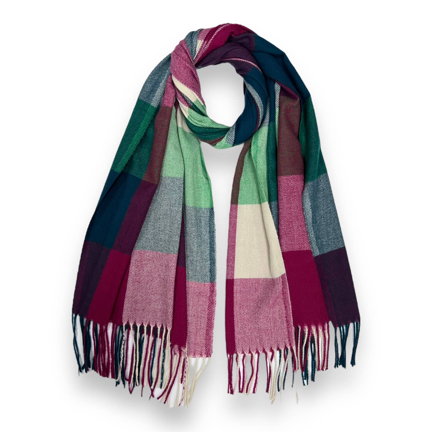 Multi coloured festive check scarf wilt tassels: Teal