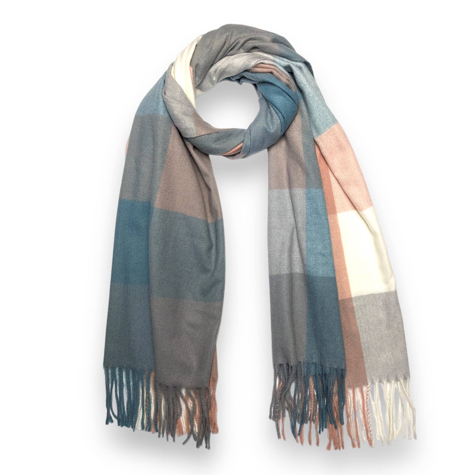 Classic colourful woolmix check scarf with tassels: Blue