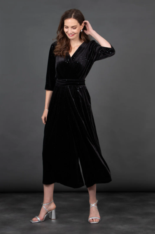 Sophia Wide Leg Jumpsuit in Black Sparkling Velvet (S)