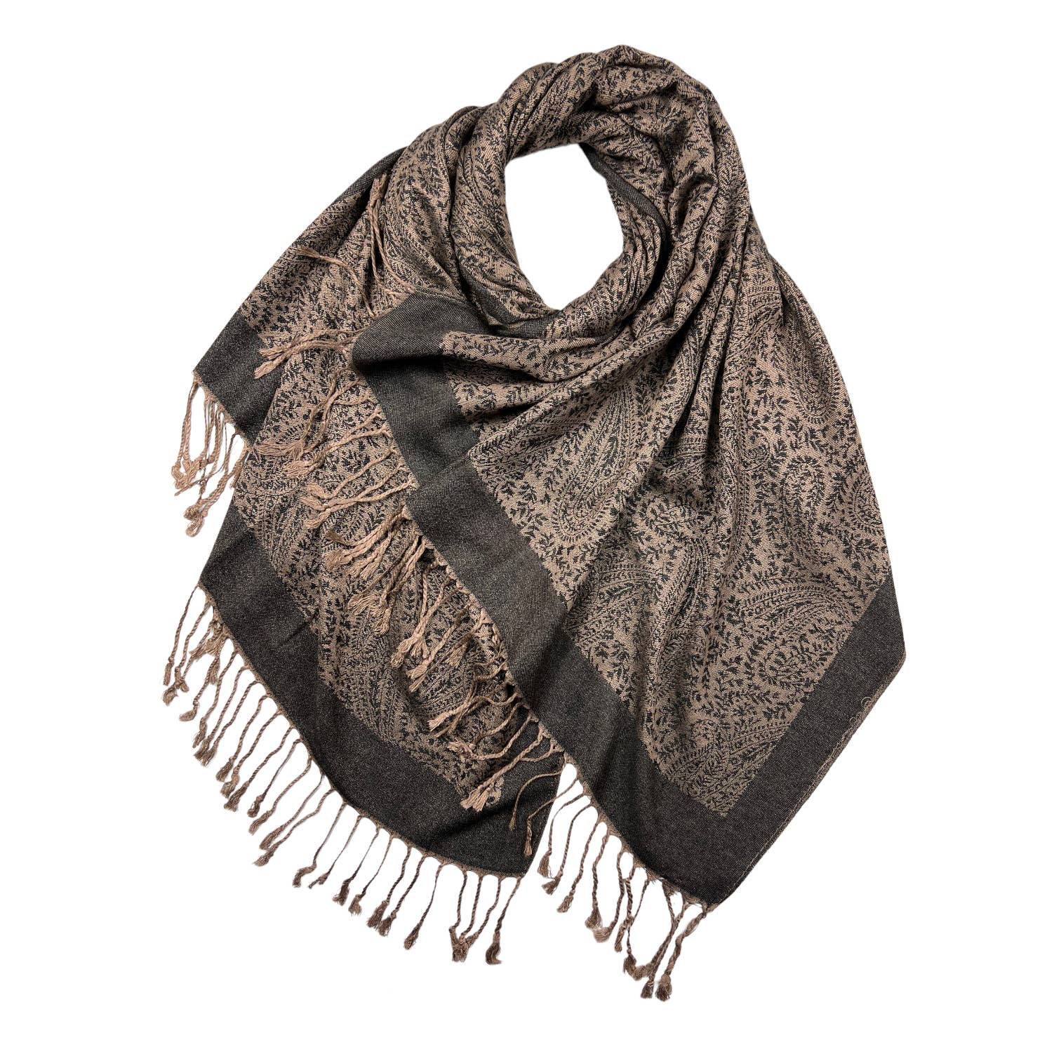 Plain pashmina with paisley print finished with fringes: Green