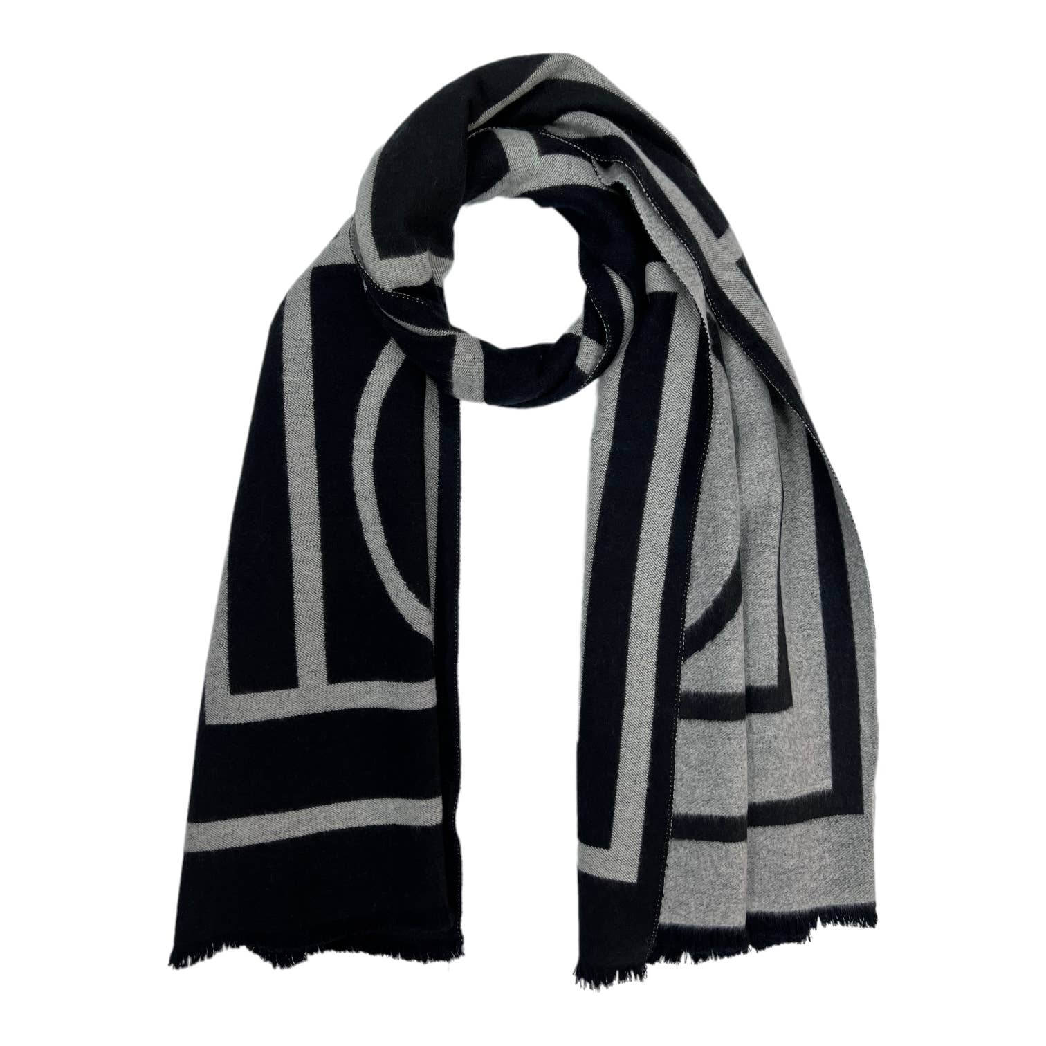 Black Geometric print cashmere blend winter scarf: Grey