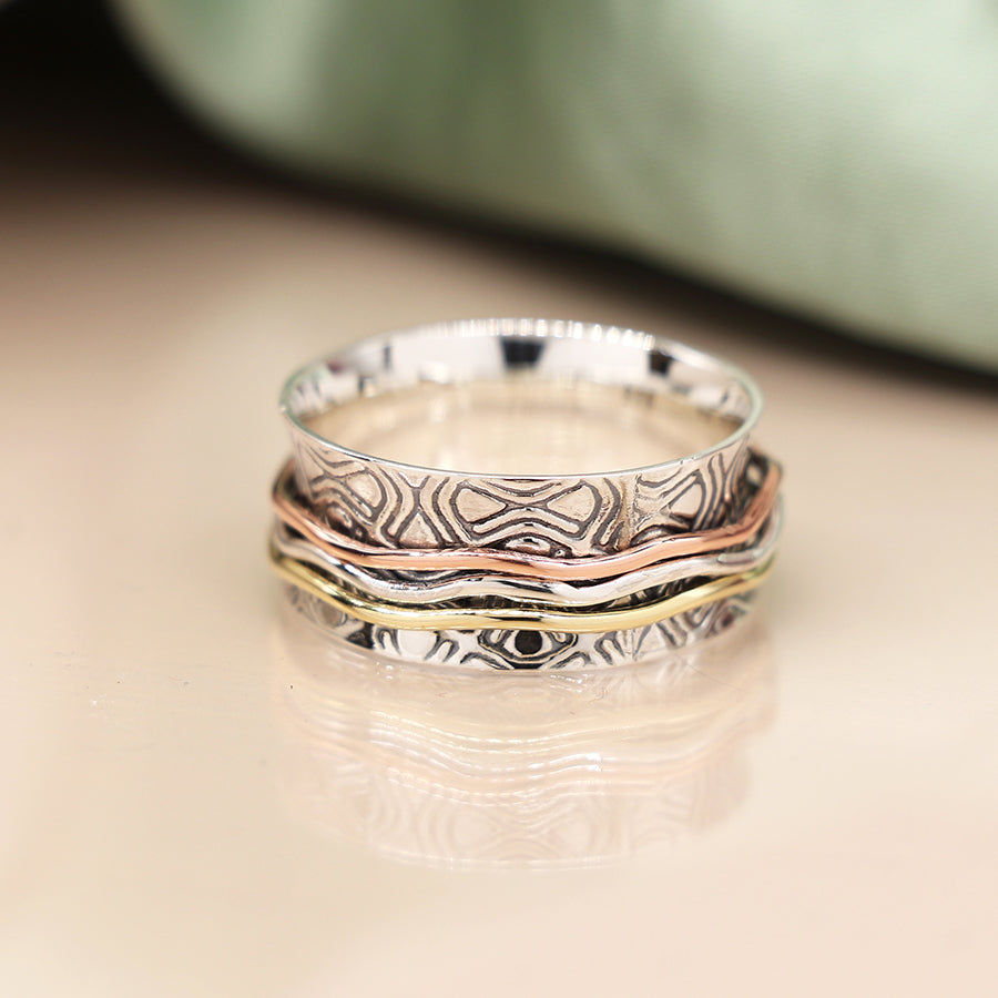 Silver Embossed Spinning Ring with Brass/Copper Silver Bands