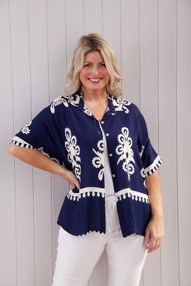 Aztec Button-up Shirt Navy - The Nancy Smillie Shop - Art, Jewellery & Designer Gifts Glasgow