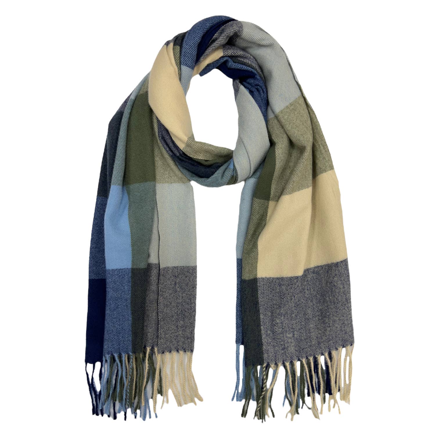 Classic colourful woolmix check scarf with tassels: Blue