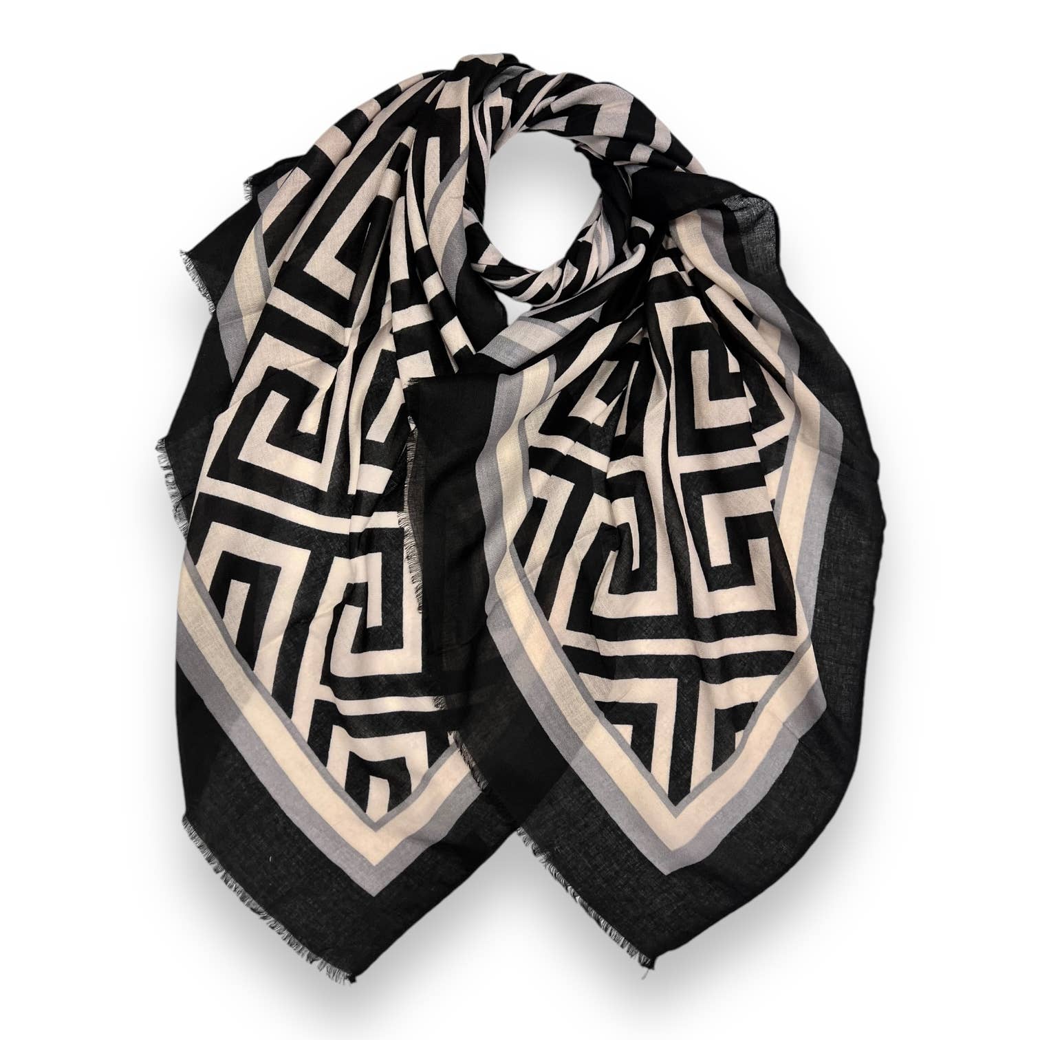 Classic big maze print scarf finished with fringes: Black