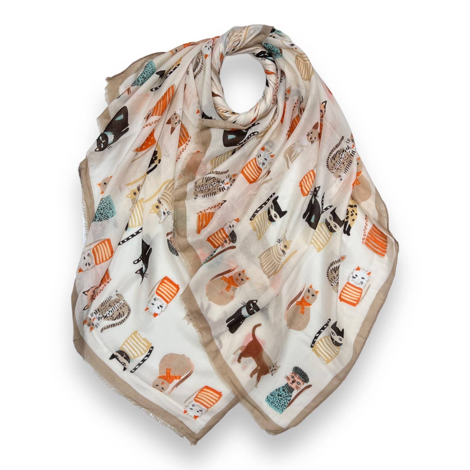 Cats wearing hats print scarf: Beige - The Nancy Smillie Shop - Art, Jewellery & Designer Gifts Glasgow