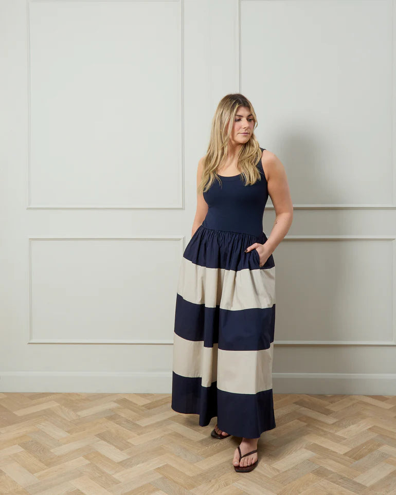 Ronnie dress navy and Stone