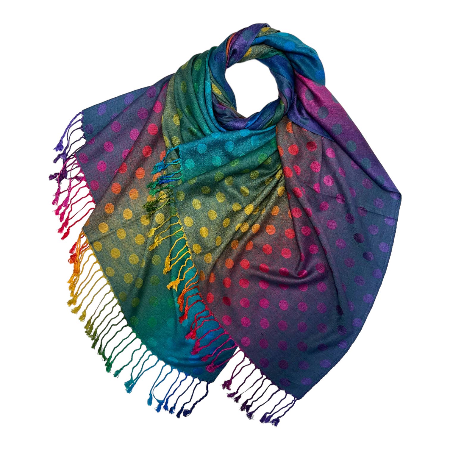 Rainbow Pashmina dots print with tassels: Blue