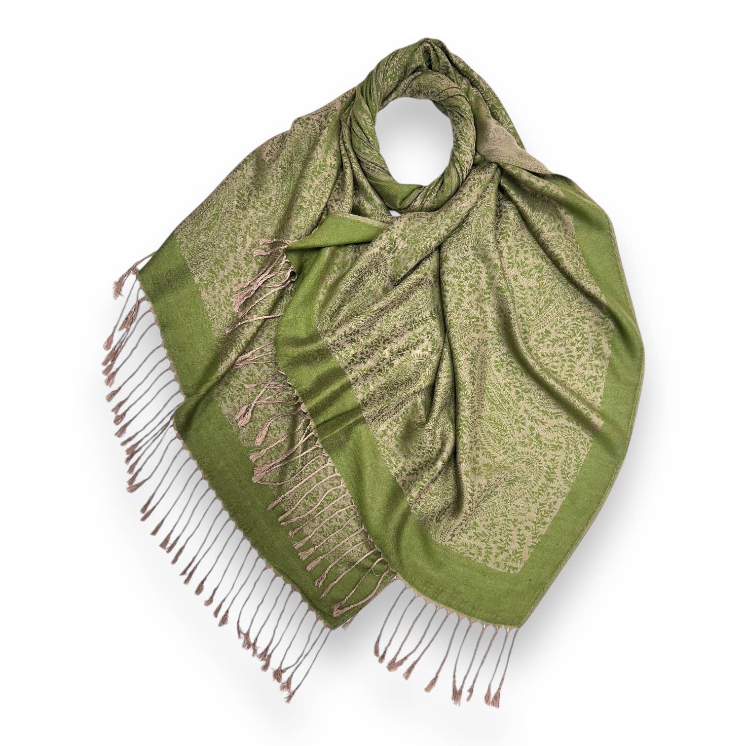 Plain pashmina with paisley print finished with fringes: Green | The Nancy Smillie Shop - Art, Jewellery & Designer Gifts Glasgow Scotland