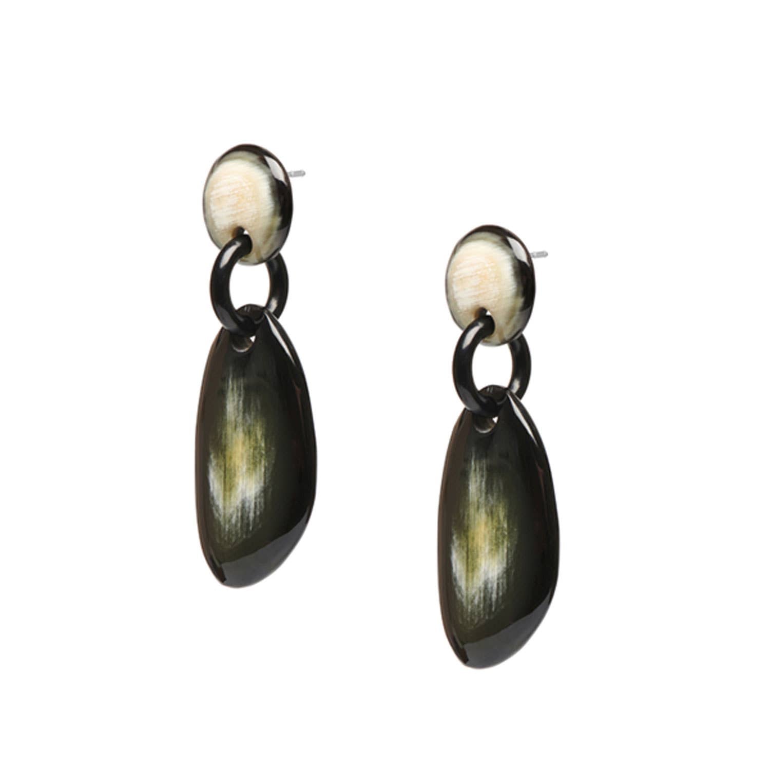 Black natural pebble drop horn earring