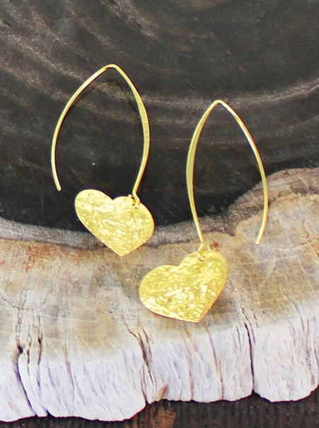 Gold Plated Heart Textured Drop Earrings