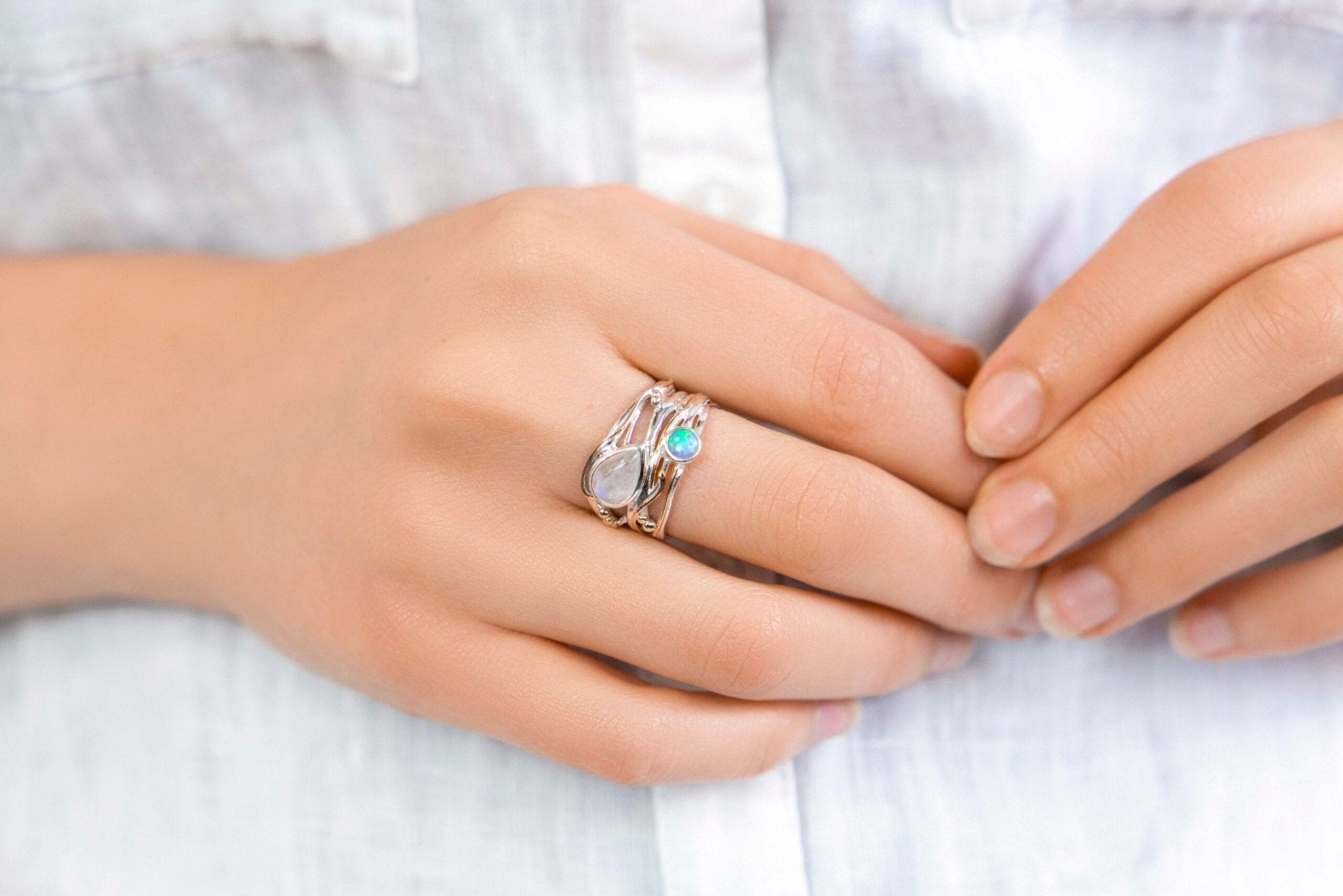 Mexican Opal and Moonstone top Ring