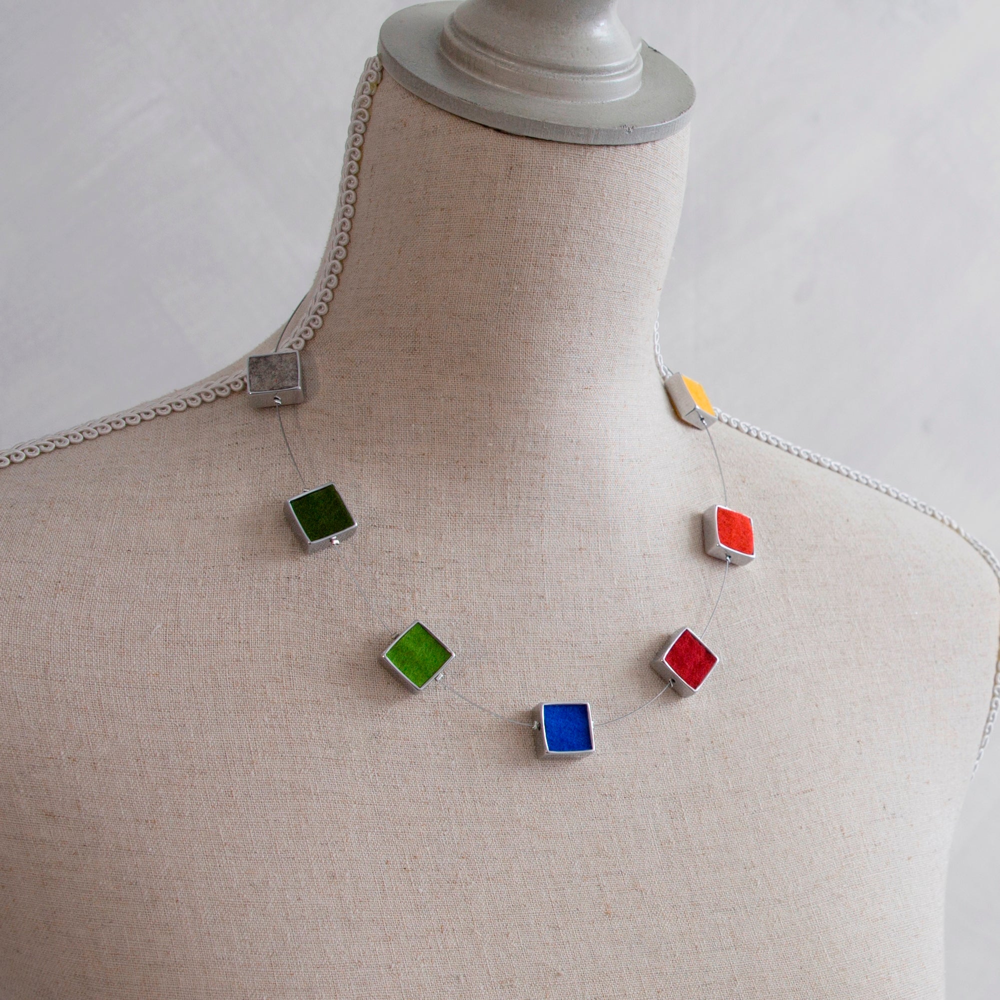 Multi-coloured 7 Square Felt and Stainless Steel Necklace - The Nancy Smillie Shop - Art, Jewellery & Designer Gifts Glasgow