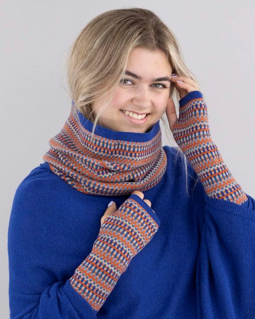 Royal Blue & Burnt Orange Geo Wrist Warmers - The Nancy Smillie Shop - Art, Jewellery & Designer Gifts Glasgow