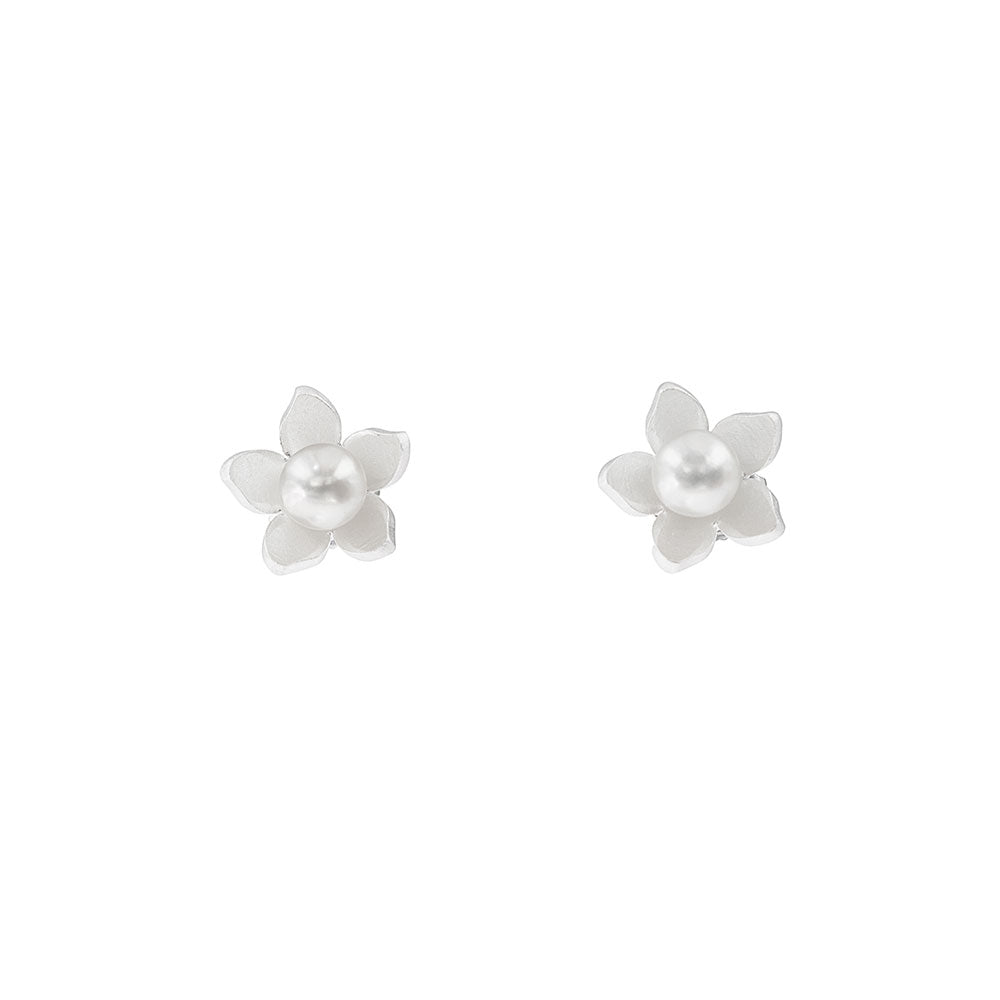 Satin Silver Flower and Pearl Earrings - The Nancy Smillie Shop - Art, Jewellery & Designer Gifts Glasgow