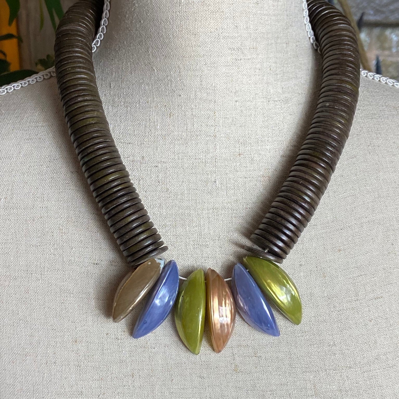 Troca Shell Necklace Mocha Green and Lilac - The Nancy Smillie Shop - Art, Jewellery & Designer Gifts Glasgow
