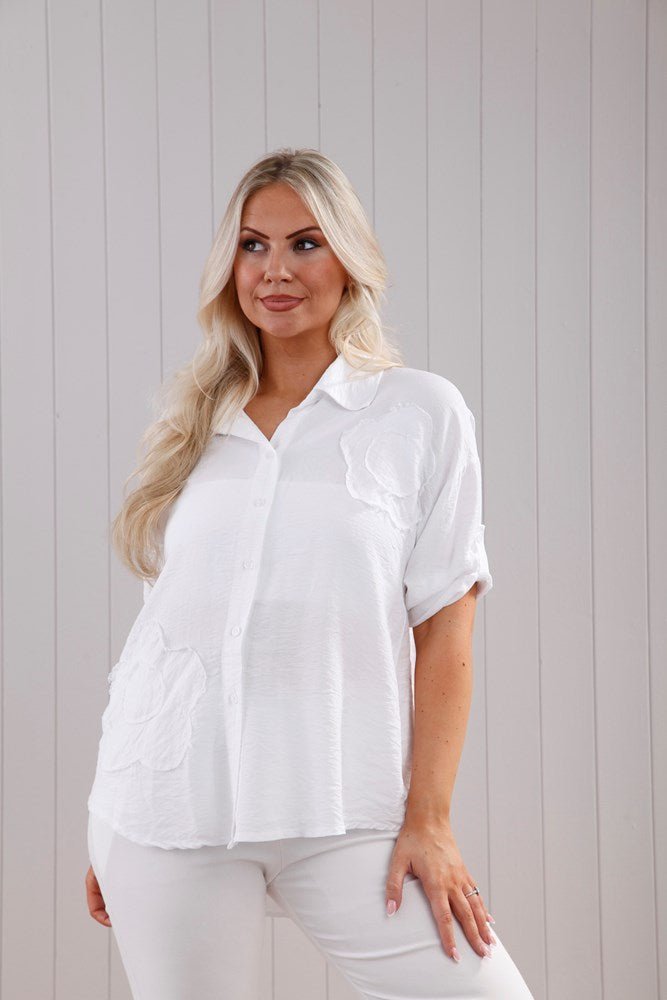 White Embossed Flower Shirt - The Nancy Smillie Shop - Art, Jewellery & Designer Gifts Glasgow